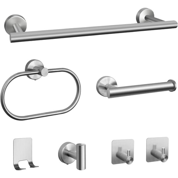 UU&T Silver 7-Pieces Bathroom Hardware Set Including 16" Towel Bar, Wall Mounted Stainless Steel Bath Towel Bar Set