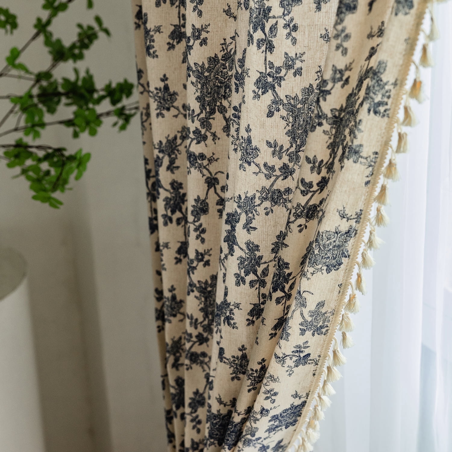 UU&T Vintage Floral Curtains for Living Room, Semi-Blackout Farmhouse Linen Curtains with Tassels Set of 2 Panels, 52" x 84"