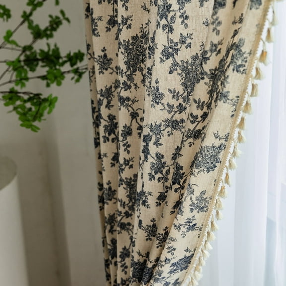 UU&T Vintage Floral Curtains for Living Room, Semi-Blackout Farmhouse Linen Curtains with Tassels Set of 2 Panels, 52" x 84"