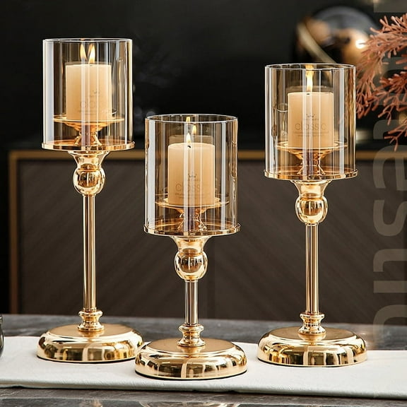 UU&T Vintage Hurricane Glass Candle Holders, 3 Pcs Long Stem Tall Tealight Candle Holders for Dining Room, Bathroom, Wedding, Gold (Excluding Candles)