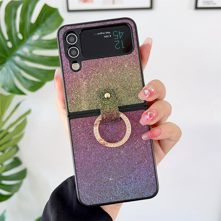 Uucovers for Galaxy Z Flip 4 5G Case with Ring Holder, Luxury Bling Glitter PU Leather Back Soft TPU Bumper Cute Girly Shockproof Portable Phone Case