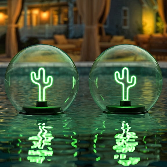 Postlucky Solar Floating Pool Lights with Green Cactus-shaped LED for Garden/Porch/Pathway/Yards/Summer, 5.9", 2-Pack