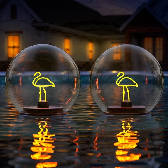Postlucky 2-Pack 5.9" Solar Floating Pool Lights with Stake, Crystal Clear, Warm White Flamingo-shaped LED