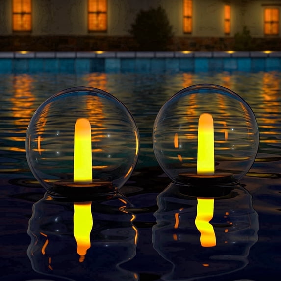 Postlucky 2-Pack 5.9" Solar Floating Globe Lights, IP66 Waterproof, Crystal Clear, Warm White Flickering Candle Lights for Pool Garden Backyard