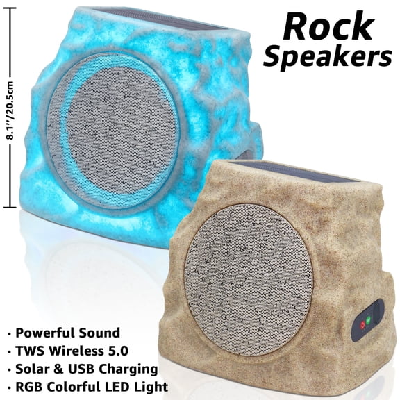 Postlucky 2-Pack Outdoor Solar Rock Speakers, Bluetooth, TWS Pairing, RGB LED Flashing, USB Charging, Waterproof, 8.1" Sand