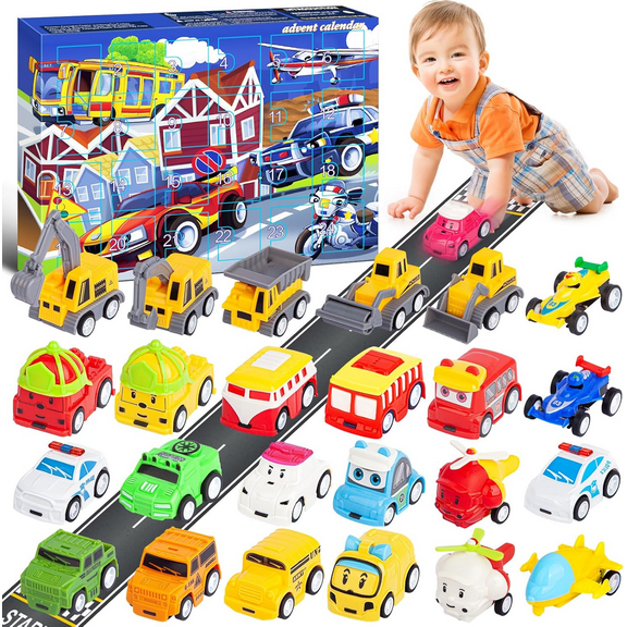 UUGEE 2025 Christmas Advent Calendar for Boys Kids, 24 Days Countdown Calendar 24 Vehicles Pull Back Cars Set, Xmas Gifts for 1 2 3 Years Old