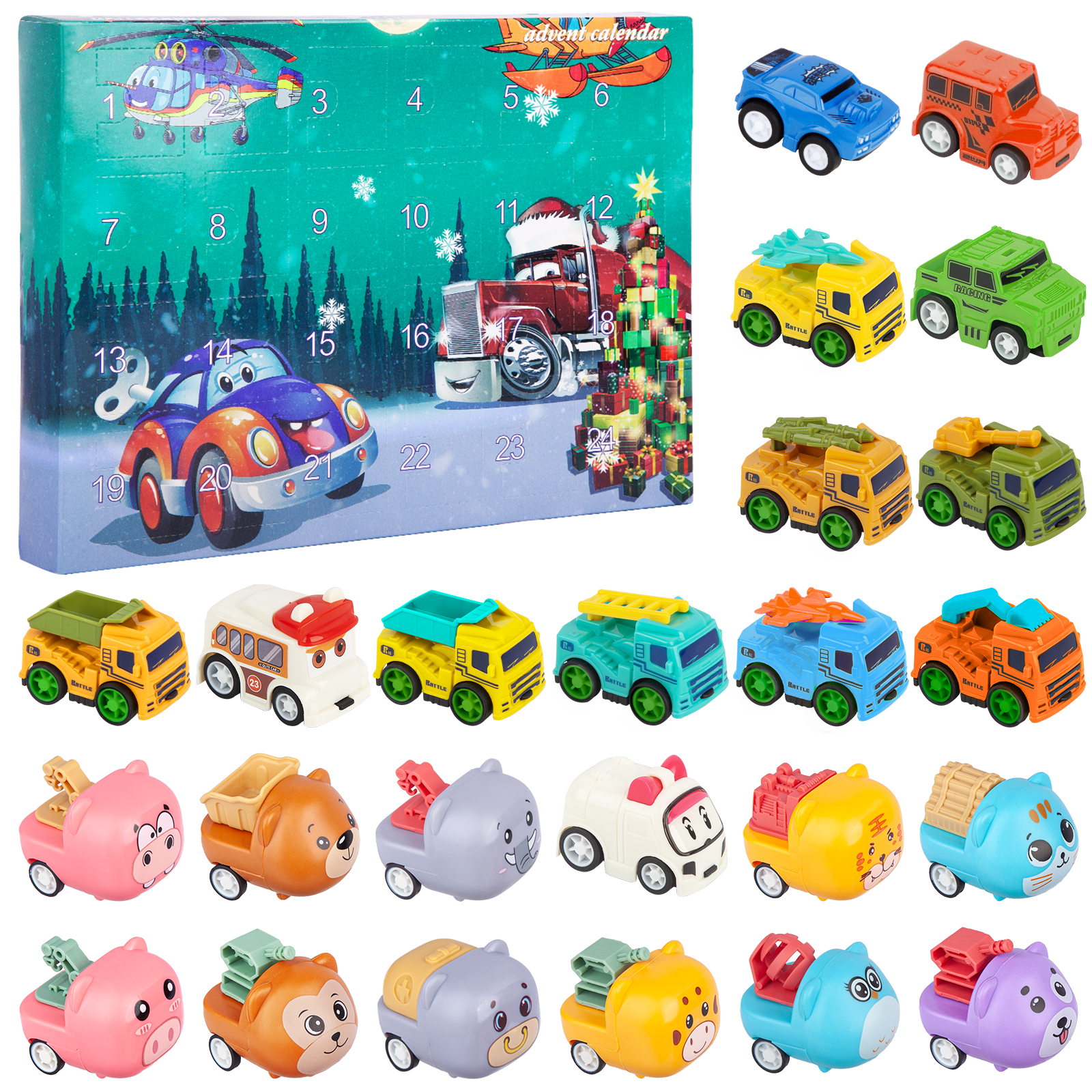 UUGEE 2025 Christmas Advent Calendar for Kids Boys, 24PCS Pull Back Cars Toys, Set of 24 Vehicles Christmas Xmas Gifts for 1 2 3 Years Old Toddlers