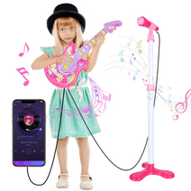 UUGEE Kids Guitar Pretend Play Musical Instrument Toy for Toddler Girls with Mic Stand, Pink