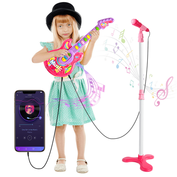UUGEE Kids Guitar Toys for Girls 3+ Years, Child Pretend Flash Electric Play Musical Instrument Toy with Mic Stand, Pink,Christmas Birthday Gifts for 6 8 10 12 Year Old
