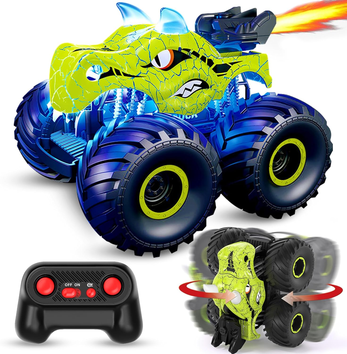 UUGEE Monster Trucks RC Car for Boys, 360 Rotating Remote Control Cars with Spray, Light & Sound, 2.4 GHz All Terrain Trucks Dinosaur Toys Gifts for Kids 3 4 5 6 7 8
