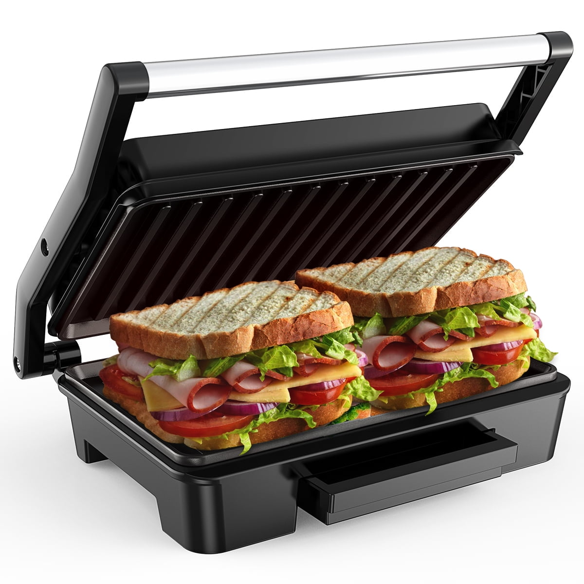 OSTBA Sandwichera, tostadora y prensa eléctrica Panini con placas  antiadherentes, luces indicadoras LED, mango Cool Touch, color negro