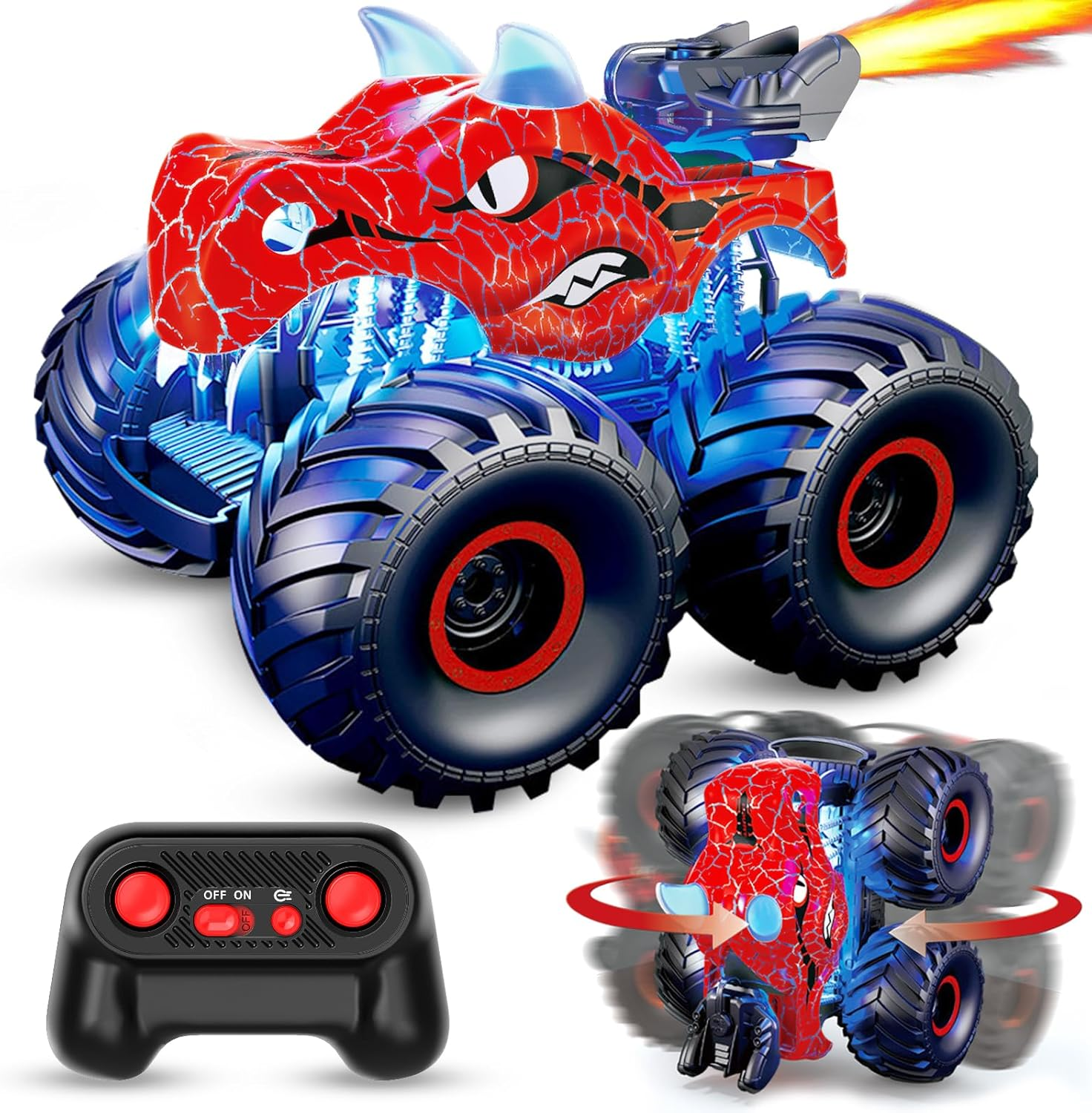 UUGEE Remote Control Car Toys, 2.4GHz RC Dinosaur Cars for Boys Girls Toddlers, 360° Rotating Monster Trucks with Light, Sound & Spray, Christmas Birthday Gifts for Kids 6 7 8