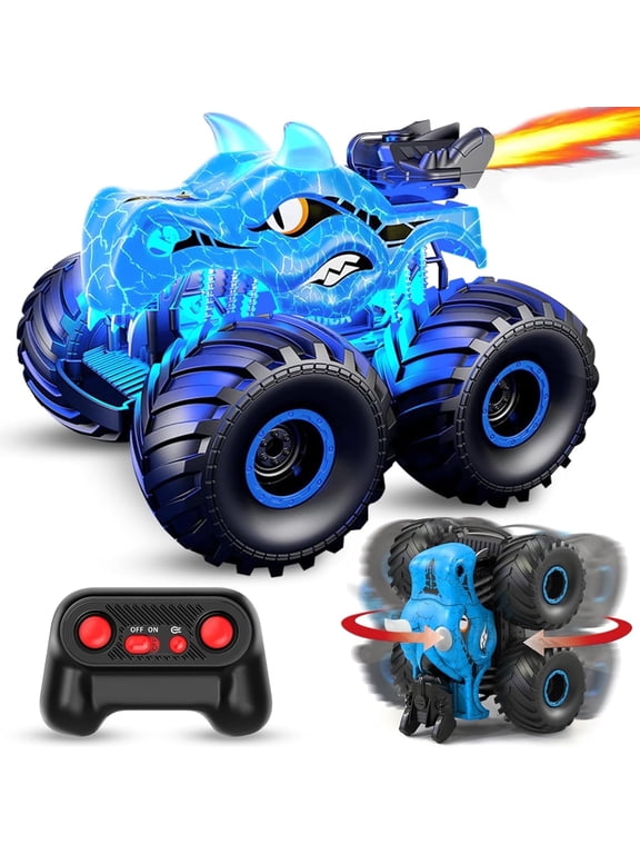 Remote Control Dinosaur Car Toys for Boys, 2.4GHz RC Monster Trucks for Boy with Spray, Light & Sound, 360° Rotating All Terrain RC Cars Toys Christmas Birthday Gifts for 5 6 7 8 Kids - Blue