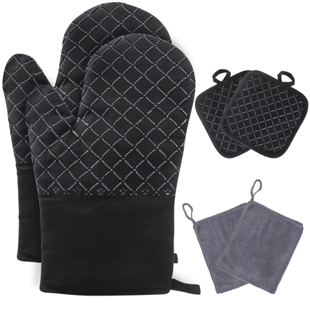 SUPTREE Silicone Oven Mitts and Pot Holders Sets Heat Resistant Non-Slip Gloves with Kitchen towel for Baking, Black