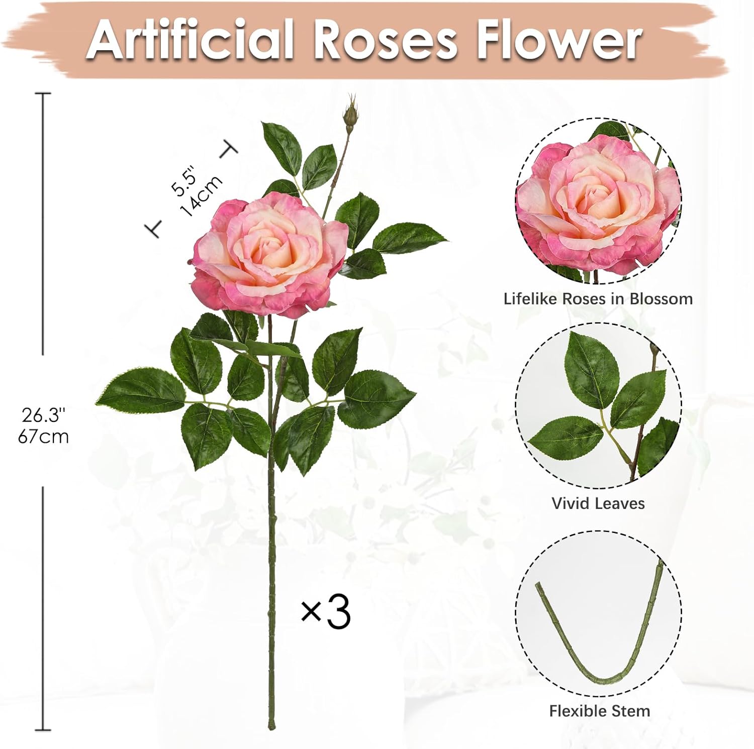 UUGHWW-3Pcs Light Pink Roses Artificial Flowers Bouquets 26.3