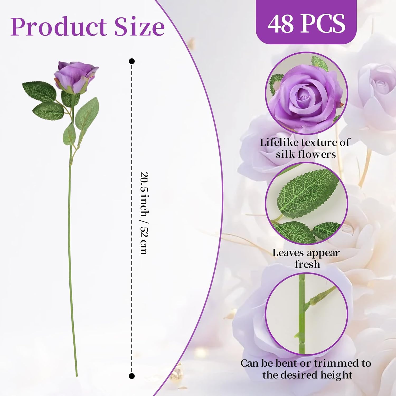 Fake Purple Roses UUGHWW-48 Pcs Silk Purple Rose Bouquet Bridal Artificial Flowers, Fake ...