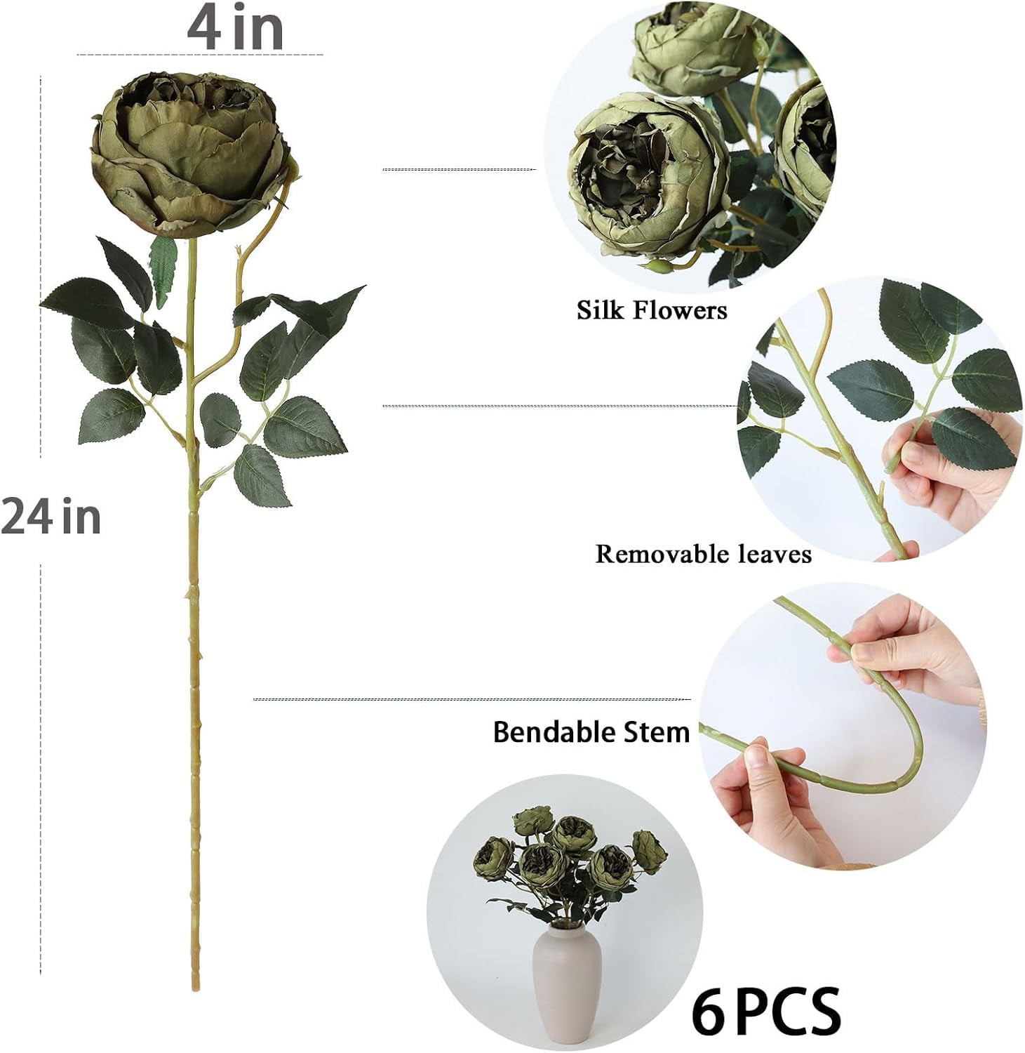 UUGHWW-6Pcs Burnt Green Artificial Roses Flowers Fake Silk Roses Flower ...