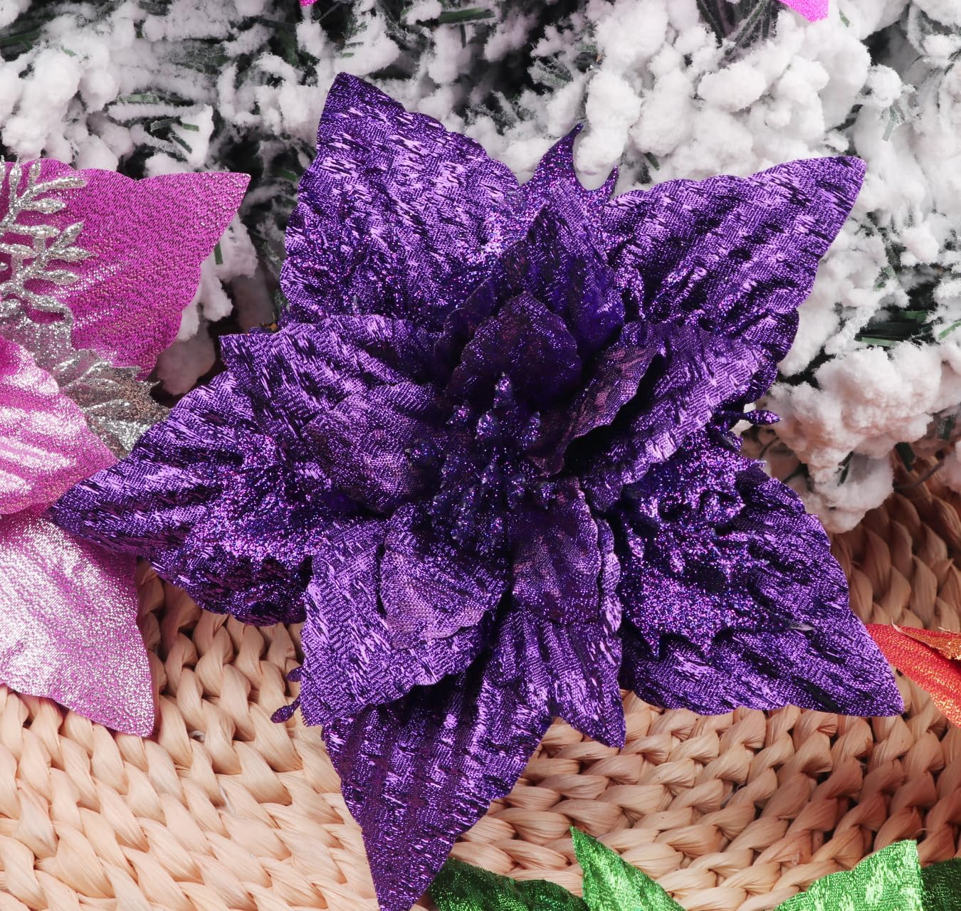 UUGHWW-7 Inch Glitter Poinsettia Flowers Metallic Artificial Flower for ...