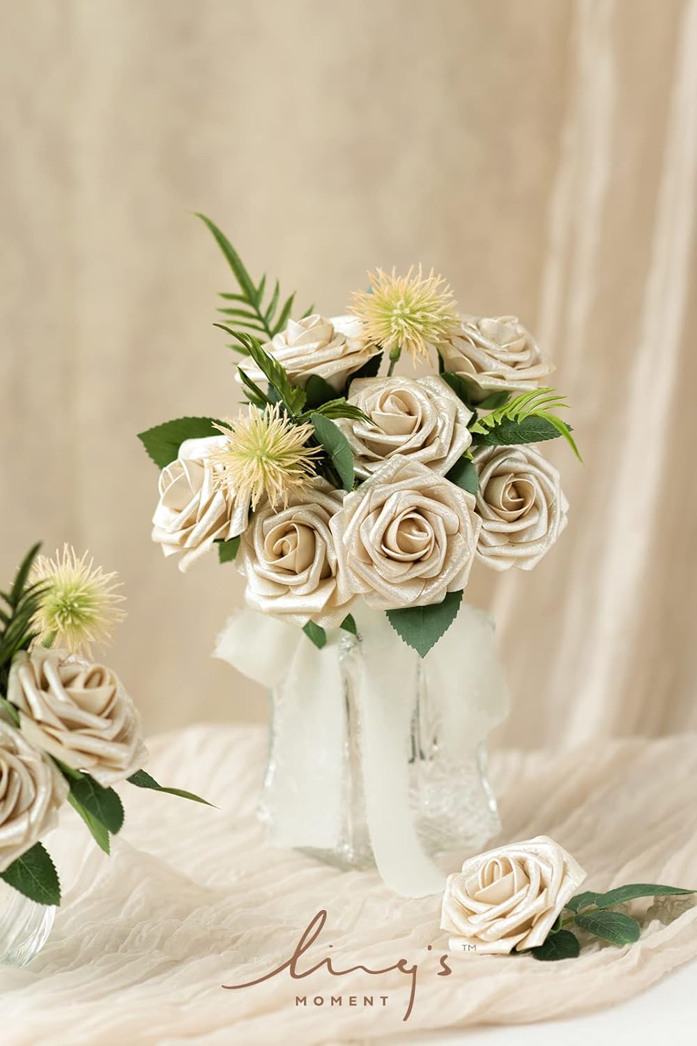 UUGHWW-Artificial Flowers 25Pcs Champagne Gold Roses Decor w/Stems, 3" Real Touch DIY Foam Floral for Wedding Bouquet/Centerpieces, Outdoors Party Backdrop, Room/Table, Christmas Decor