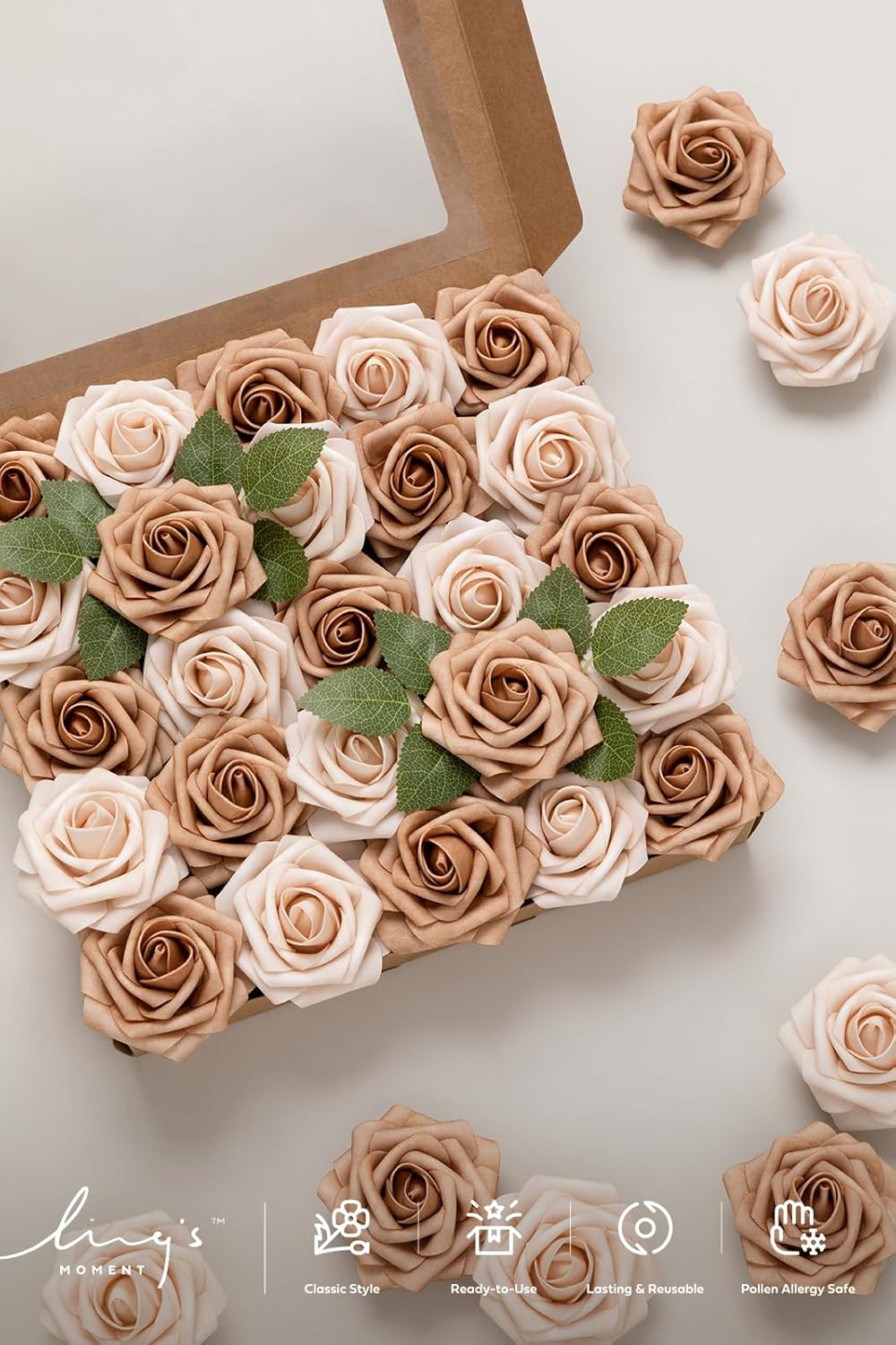 UUGHWW-Artificial Flowers 50Pcs Ivory Roses Decor w/Stems,3" Real Touch DIY Foam Floral for Wedding Bouquet/Centerpieces, Outdoors Party Backdrop, Room/Table, and Garden/Pot Decorations