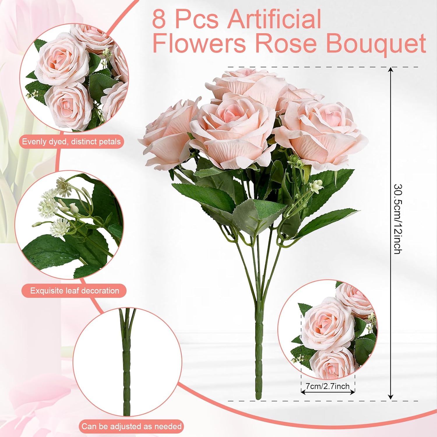 UUGHWW-Artificial Roses Bouquets - 8 Bundles Fake Silk Flowers ...