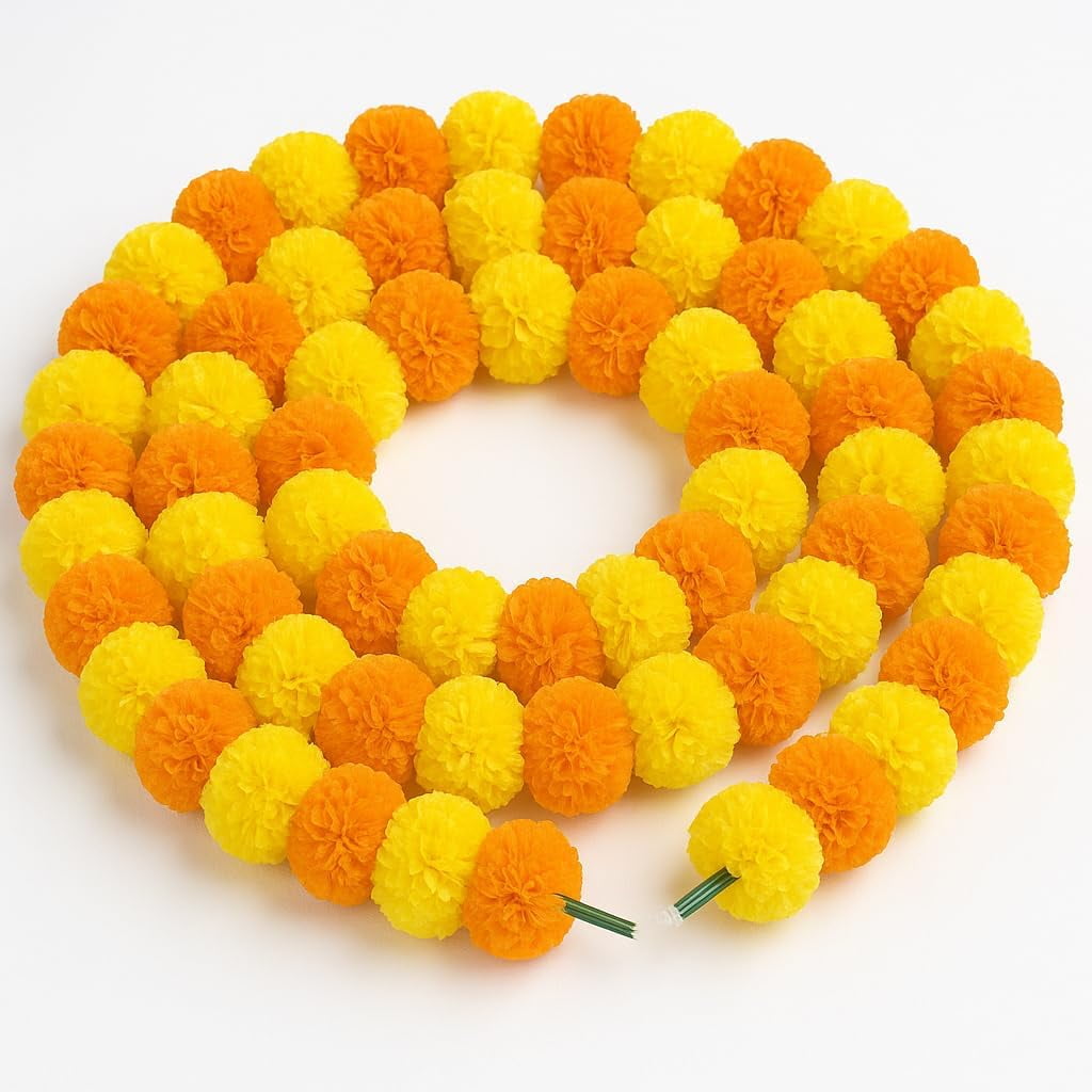 UUGHWW-Marigold Garland for Diwali Decorations Pack of 10 - Marigold Artificial Flowers, Indian Marigold Flower Garland for Diwali Decorations (Light Orange Light Yellow | 4 to 4.5 ft)