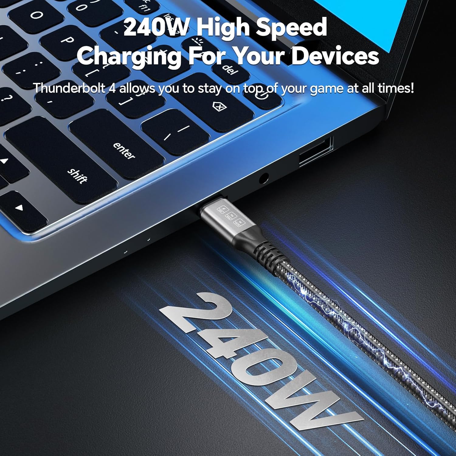 Thunderbolt 4 USB-C 4.0 Cable – 100cm – 40Gbps Data, 240W PD, 8K/60Hz – Braided – Black