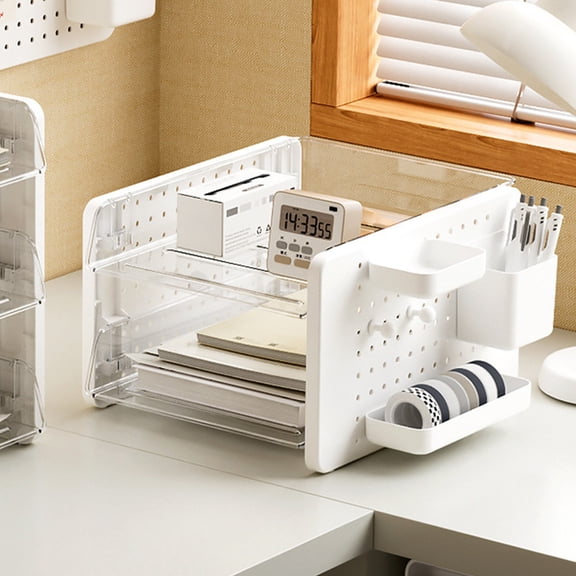UUHYTG Desk Pegboard Organizer Storage Rack for Office Supplies and Cosmetics, Multi Tier Desktop Storage Shelf with Hooks Trays and Cup for Pens Documents Makeup Tools, Workspace Desk Organization