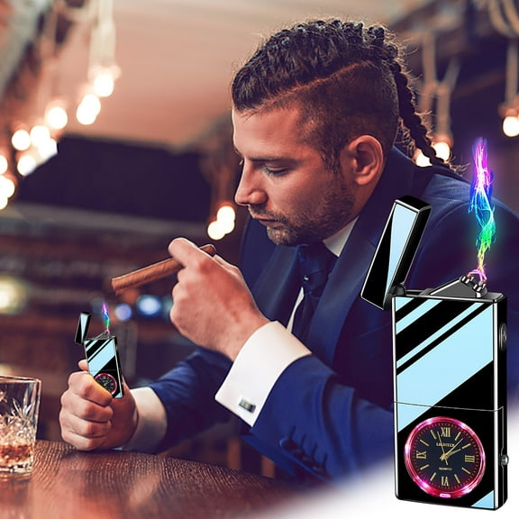 UUHYTG Intelligent Watch Lighter with Colorful LED Lighting, USB Rechargeable Windproof Butane Lighter with Quartz Watch Dial, Creative Portable Dual Function Lighter Gift for Men