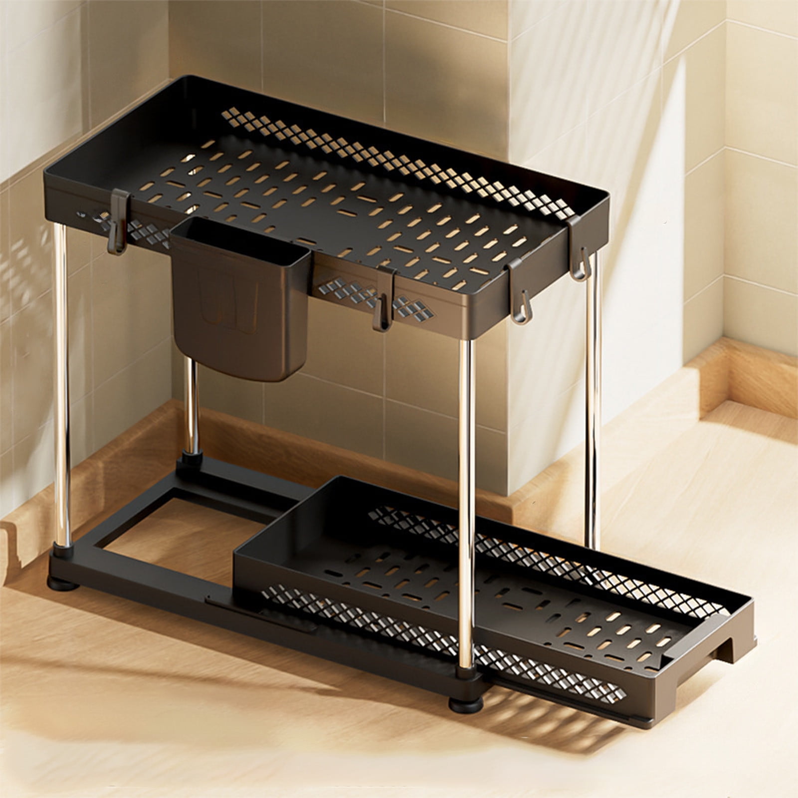 UUHYTG Pull Out Under Sink Storage Shelf Organizer Rack, Multi Functional Layered Spice and Bathroom Shelf with Hanging Hooks, Ventilated and Drainage Kitchen Cabinet Storage Solution