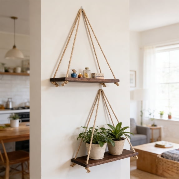 UUHYTG Wooden Hanging Shelf with Rope Floating Wall Storage Rack for Living Room Bedroom Bathroom Kitchen, Rustic Farmhouse Display Shelf for Plants Decor Storage