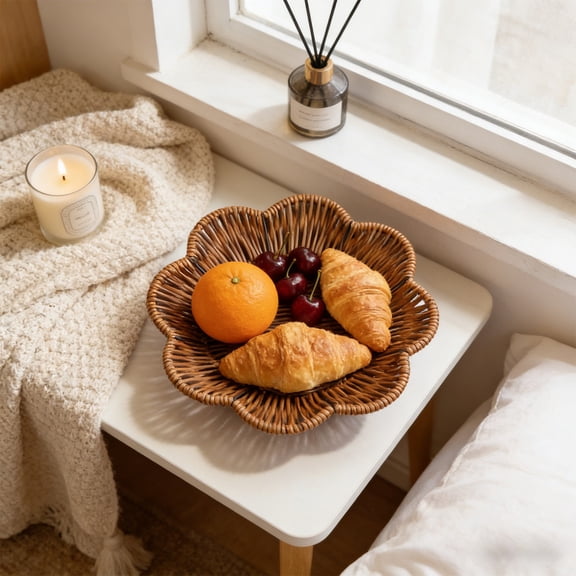 UUHYTG Woven Plastic Storage Basket Tray Organizer, Multipurpose Fruit Vegetable Bread Basket for Kitchen Counter Dining Table Display, Decorative Rattan Style Basket for Snacks Candy Storage