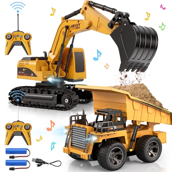 UUSUOO Remote Control Excavator and Dump Truck Toy for Kids, 2.4GHz RC Construction Vehicles with Lights & Sounds, Rechargeable Construction Toys, Birthday Gift for Kids Ages 3+