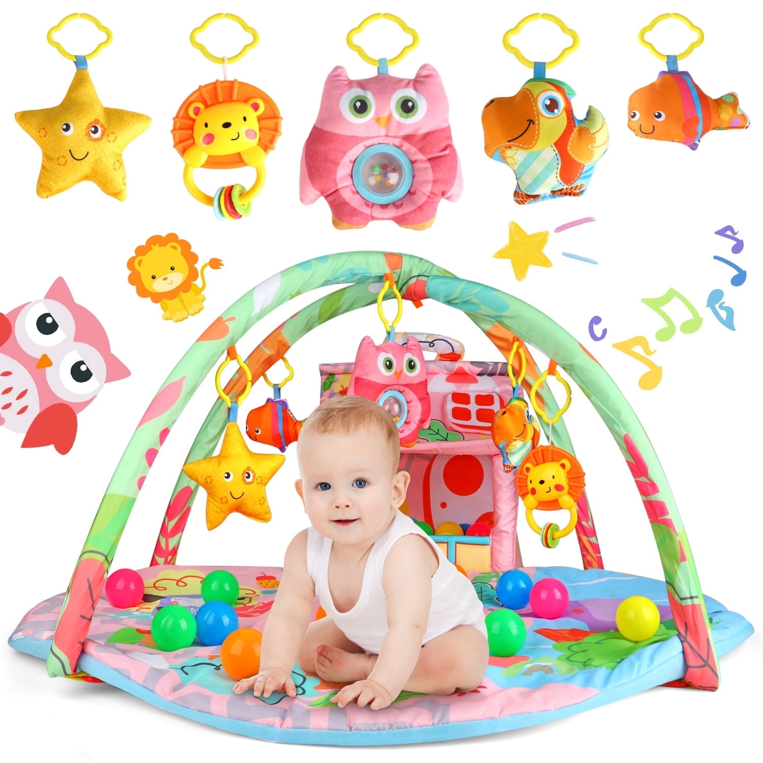 UUSUOO 2-in-1 Baby Play Mat,Tummy Time Mat With 5 Sensory Toys, 30 Balls,Baby Activity Gym Mat for Visual, Hearing, Sensory, Motor Development,Baby Toys Gifts for Toddler Infant 0-3-6-9-12 Month