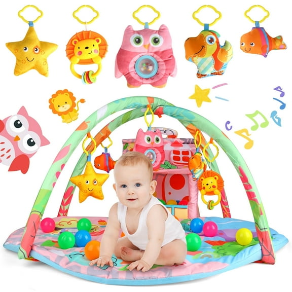 UUSUOO 2-in-1 Baby Play Mat,Tummy Time Mat With 5 Sensory Toys, 30 Balls,Baby Activity Gym Mat for Visual, Hearing, Sensory, Motor Development,Baby Toys Gifts for Toddler Infant 0-3-6-9-12 Month