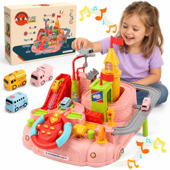 UUSUOO Car Adventure Toy for Kids,Race Track Toy with Steering Wheel, Lights, Music & 3 Mini Cars,Vehicle Playsets for Boys, Birthday Gift for Boys Girls Age 3-6, Pink
