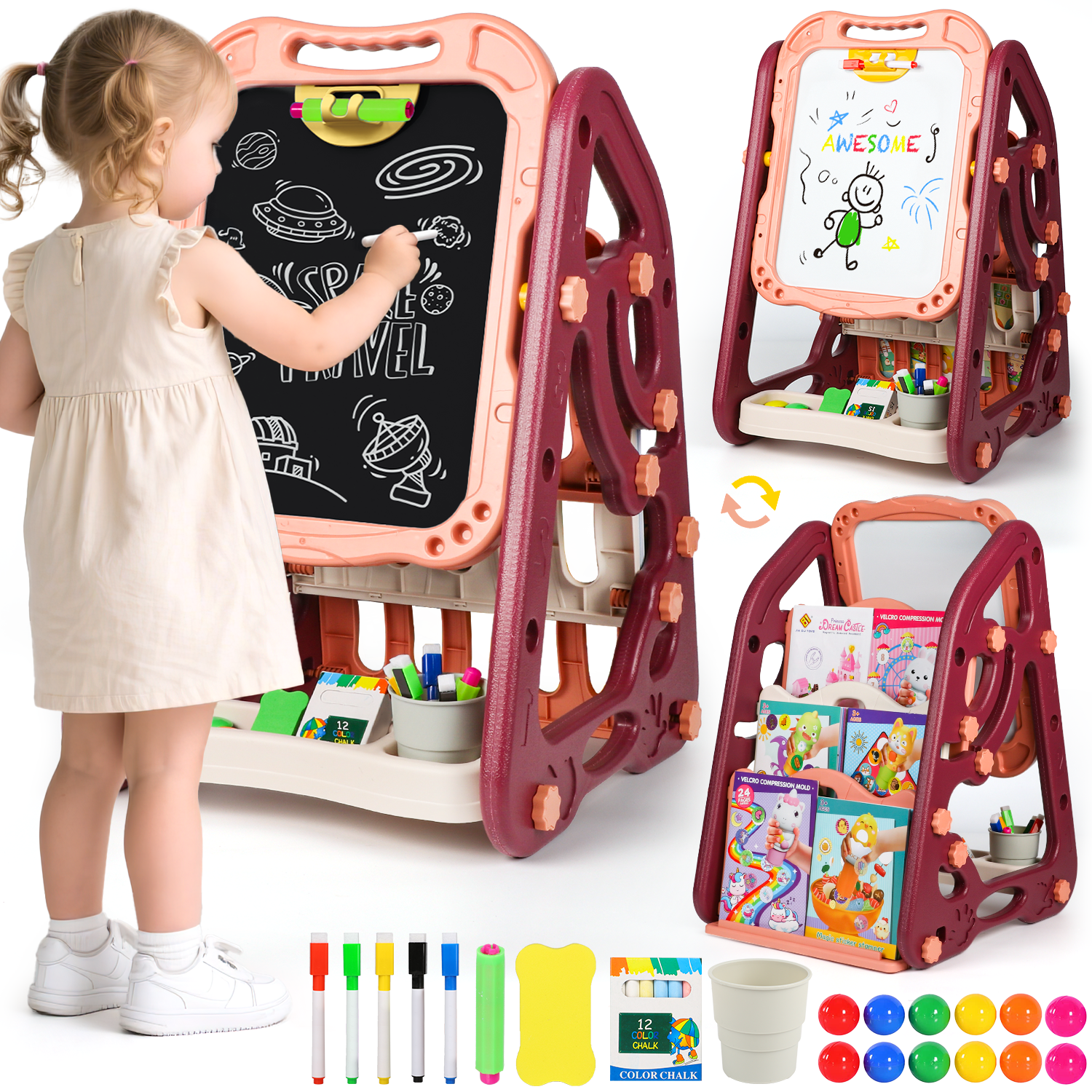 UUSUOO Easel for Kids,3 in 1Double Sided Art Easel with Magnetic White Board & Chalk Board,Adjustable Standing Toddler Easel with Art Accessories,Christmas Gift for Kids Ages 3+,Red