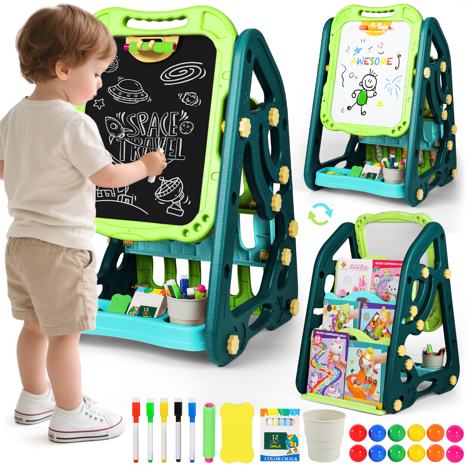 UUSUOO Easel for Kids,Double Sided Art Easel with Magnetic White Board & Chalk Board,Adjustable Standing Kids Easel with Painting Accessories,Christmas Gift for Boys Girls Age 2-6,Green