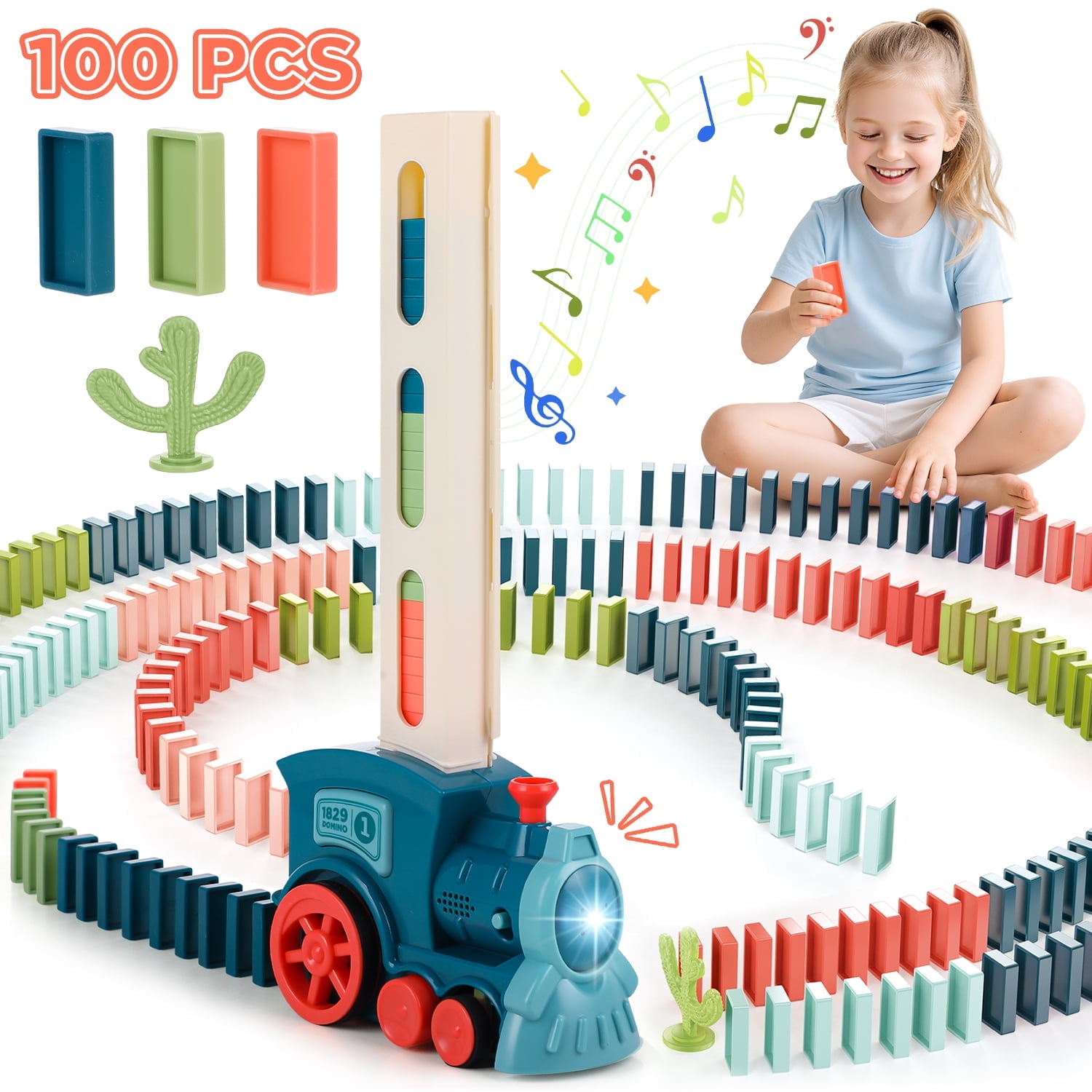 UUSUOO Domino Train,Domino Train Set with 100 Dominoes,Electric Dominoes Stem Montessori Toys for Kids,Christmas Birthday Gifts for Boys Girls Age 3 4 5 6 +