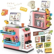 UUSUOO 46PCS Cash Register Playset for Kids,Cashier Register Toy,Kids Pretend Play Cash Register Toy with Scanner,Coffee Machine,Credit Cards,Play Food & Money,Christmas Toys for Kids 3-6,Pink