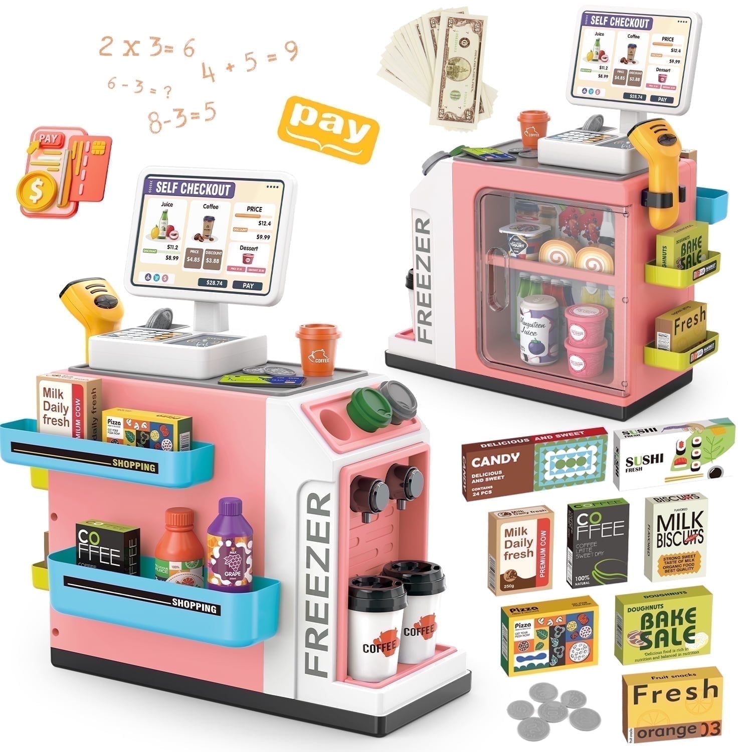 UUSUOO 46PCS Cash Register Playset for Kids,Cashier Register Toy,Kids Pretend Play Cash Register Toy with Scanner,Coffee Machine,Credit Cards,Play Food & Money,Christmas Toys for Kids 3-6,Pink