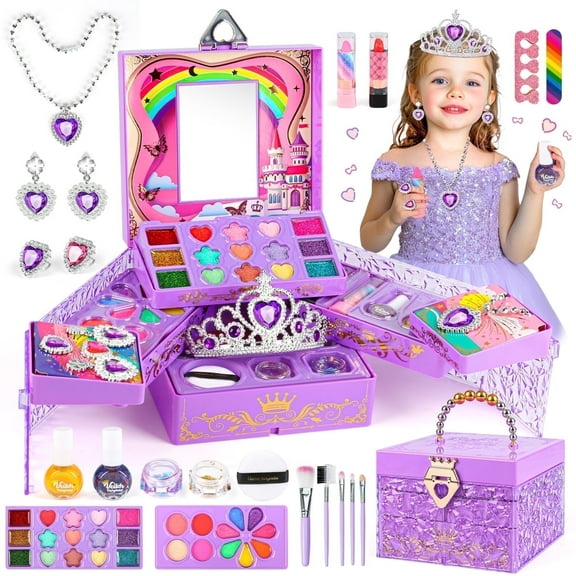 UUSUOO 46PCS Kids Makeup Kit for Girls,Real Washable Girls Makeup Kit for Kids,Non Toxic Pretend Play Cosmetic Set,Little Girls Princess Toys Gift for Christmas Birthday Aged 3 4 5 6 7 8 9 10,Purple