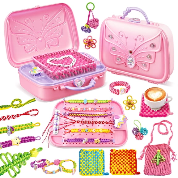 UUSUOO 6-IN-1 Friendship Bracelet Making Kit for Girls,Weaving Loom Kit with 500+ Colorful Ropes,Bands & Beads,DIY Arts and Crafts Kit,Christmas Birthday Gift for Kids Age 6-12,Pink