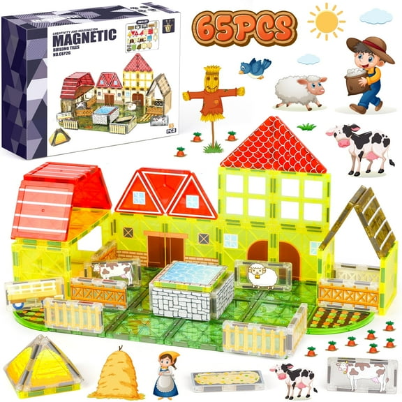 UUSUOO 65Pcs Magnetic Tiles Farm Animals Toddler Toys,STEM Magnetic Building Blocks for Kids Ages 4-8,Preschool Montessori Sensory Toys,Christmas Birthday Gifts for Kids
