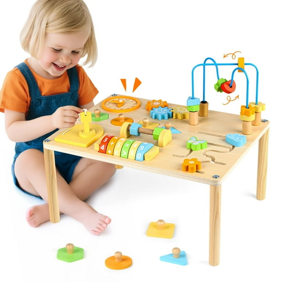UUSUOO Activity Table for 1 Year Old,8-In-1 Wooden Montessori Toys with Bead Maze,Shape Sorter,Baby Sensory Toys 6-12 Months,Learning Toys for Baby 1st Christmas Birthday Gifts