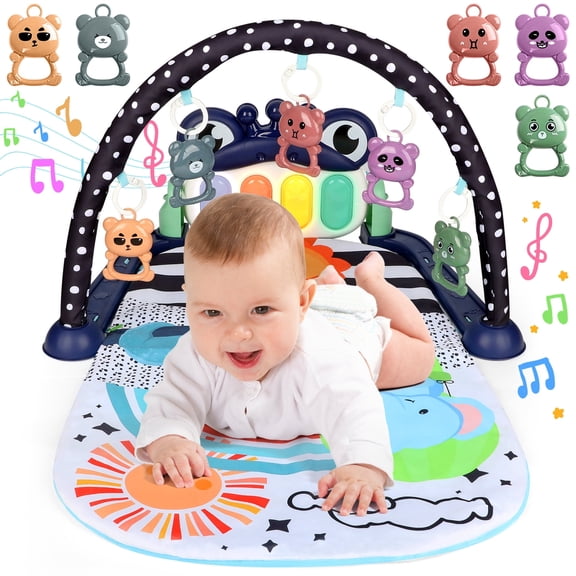 UUSUOO Baby Gym Play Mat,Kick and Play Piano Gym Tummy Time Activity Mat with 5 Infant Sensory Toys,Music and Lights, Boys & Girls Gift for Newborns 0-3-6-9-12 Months