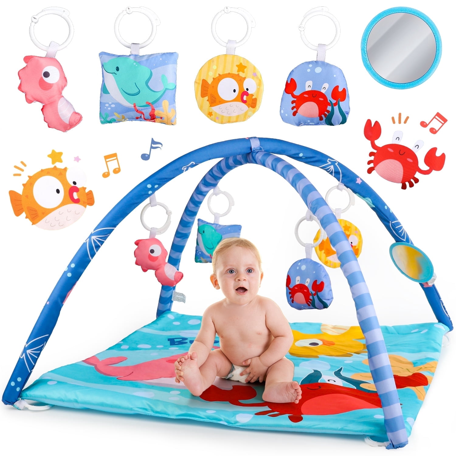 UUSUOO Baby Gym Play Mat,Tummy Time Mat With 5 Sensory Toys,Busy Baby Mat for Visual, Hearing, Sensory,Baby Toys 0-6 Months,Christmas Gifts for Toddler Infant 0-3-6-9-12 Month