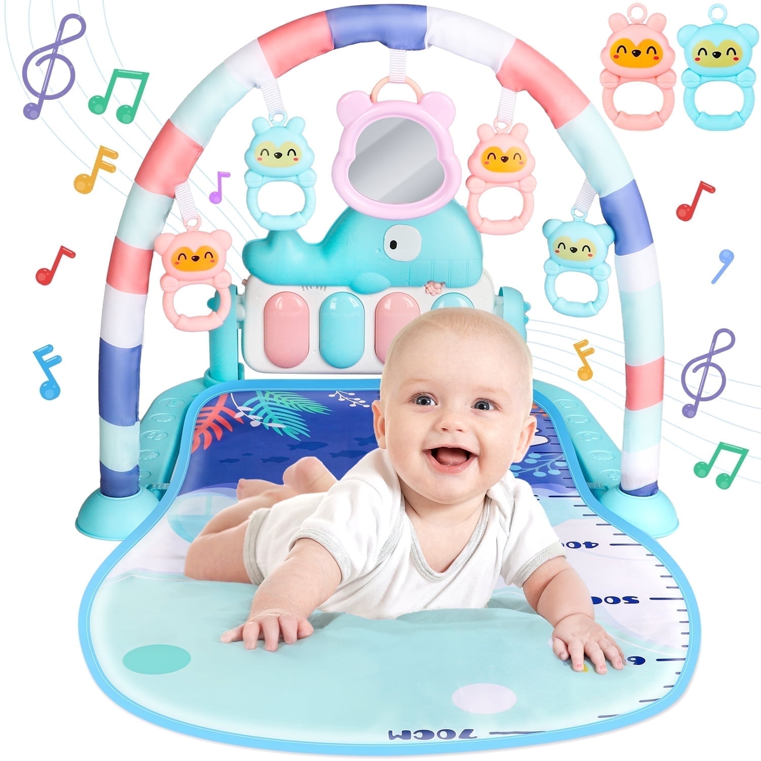 UUSUOO Baby Play Mat Baby Gym,Kick and Play Piano Gym,Tummy Time Activity Mat with 5 Infant Sensory Baby Toys,Infant Toys Piano Baby Play Mat Music & Light Newborn Infant Gifts for 0-3 6 9 12 Months