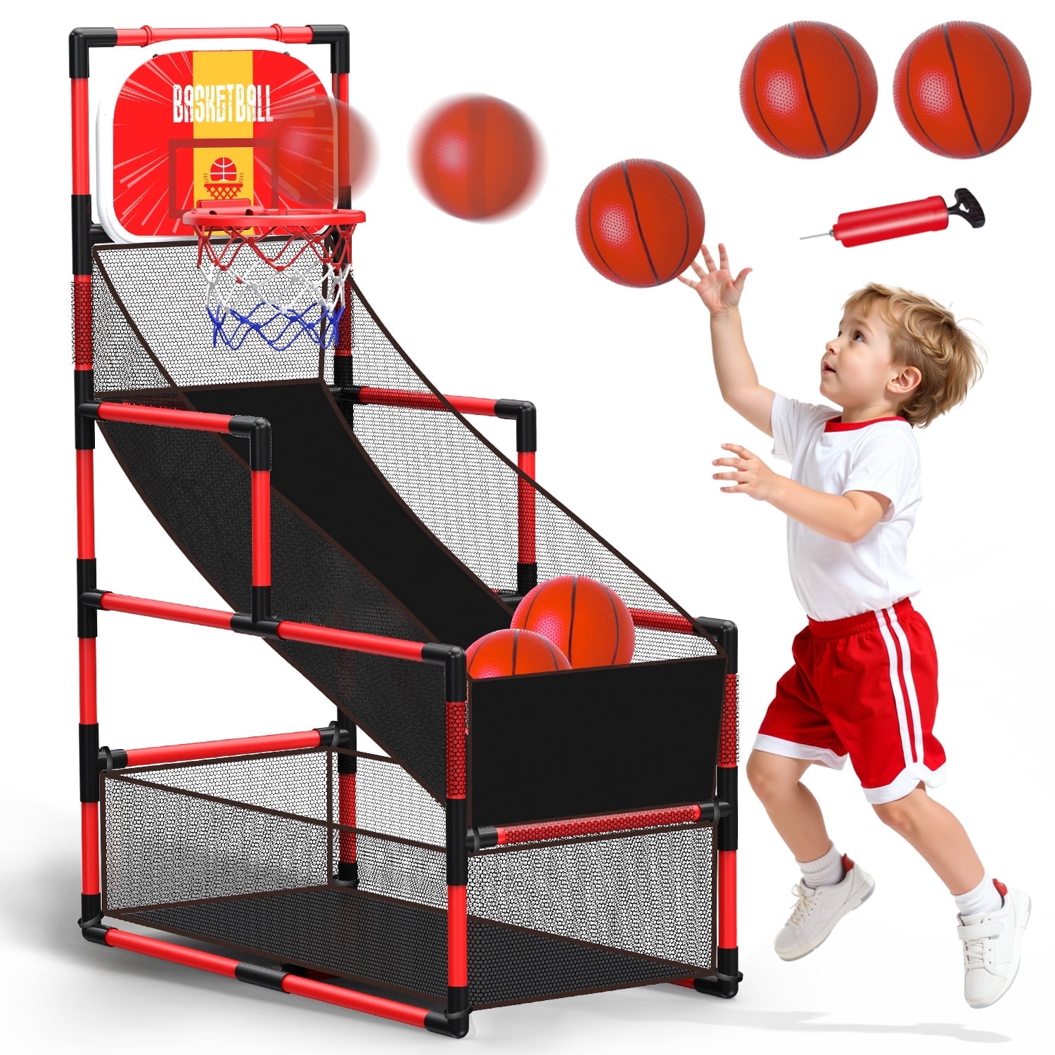 UUSUOO Arcade Basketball Game Set for Kids,Adjustable Height 45"-56" Kids Basketball Hoop with 2 Balls & Pump, Indoor Outdoor Sports Play Toys,Birthday Gift for Boys Girls Age 5 6 7 8 + ,Red