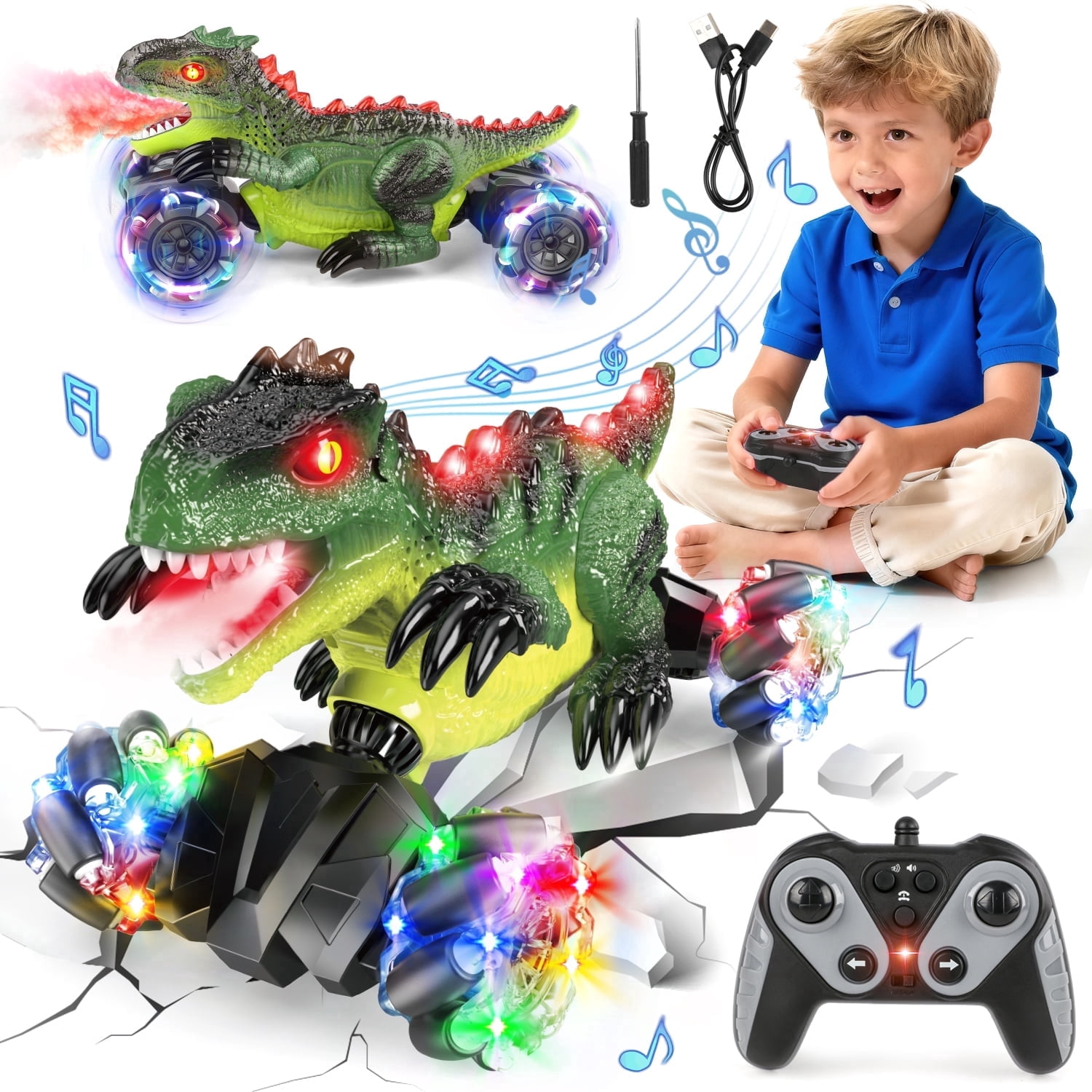 UUSUOO Dinosaur Remote Control Car, 4WD Rechargeable RC Stunt Car with Spray, LED Lights, Music, 360° Rotation, 2.4GHz Remote Control Dinosaur Monster Truck Gift